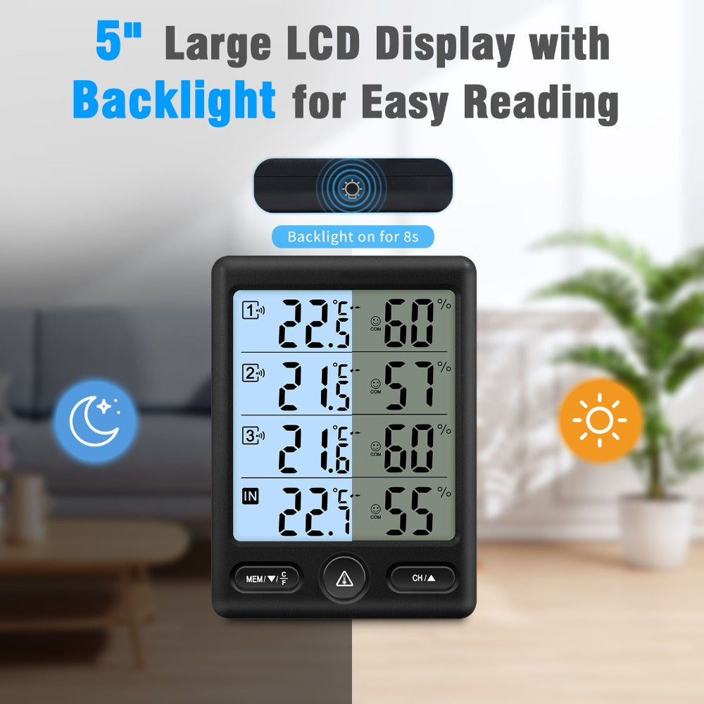 Indoor Outdoor Thermometer Wireless with 3 Remote Sensors - Digital Hygrometer Temperature Humidity Monitor, 200FT Range, Large Display, Backlight, Low Battery Alarm, High Accuracy, Black or White