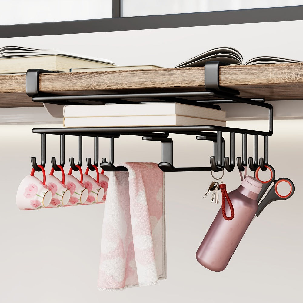 Under Cabinet Organizer Rack with Hooks ¨C Heavy Duty Carbon Steel Kitchen Shelf for Utensils, Towels, Cups & Cutting Boards ¨C No-Drill Door-Mount Space-Saving Kitchen Storage