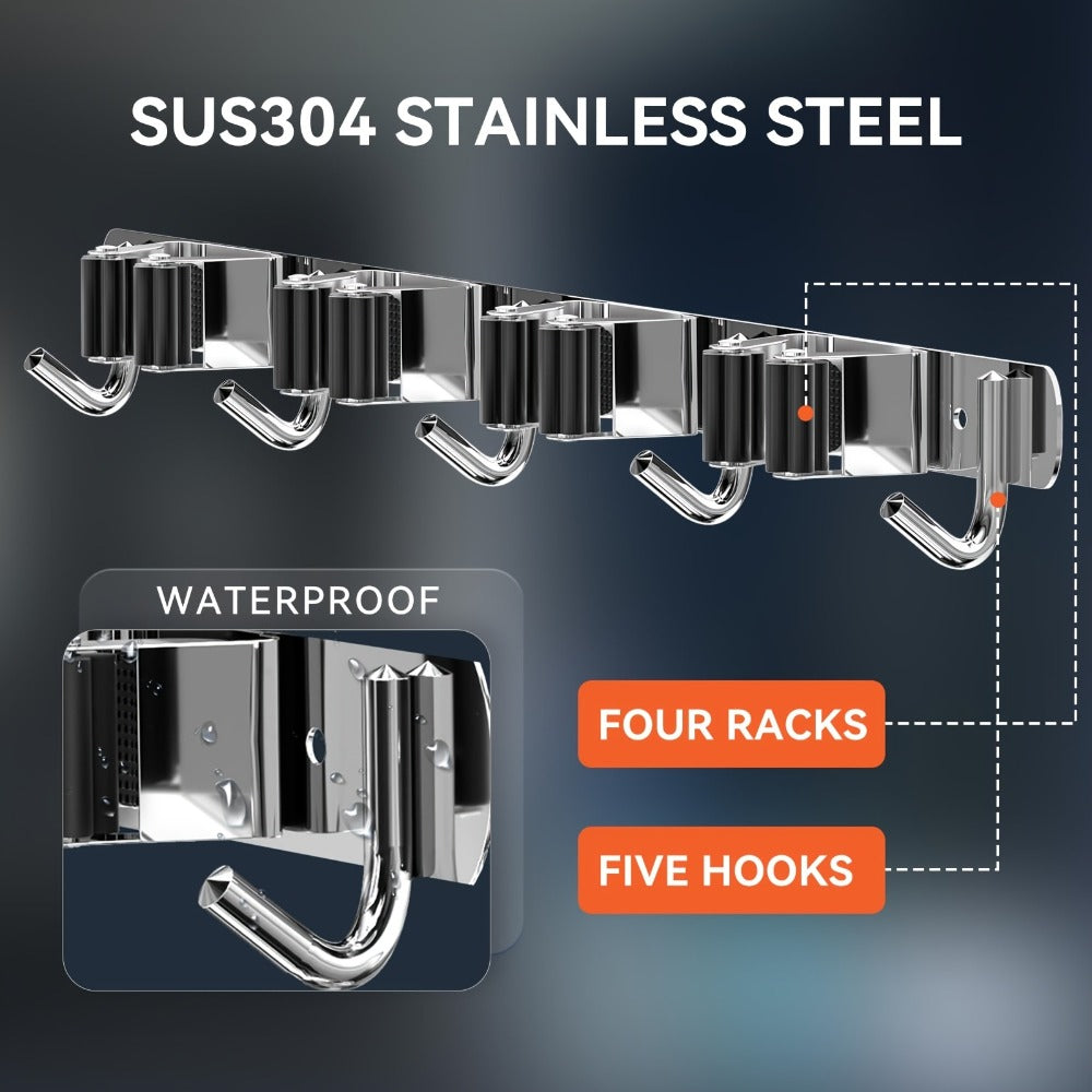 Wall Mounted Broom & Mop Holder ¨C 304 Stainless Steel Broom Organizer with 4 Racks & 5 Hooks ¨C Rustproof Non-Slip Wall Broom Hanger for Kitchen, Garage, Bathroom, Laundry & Closet Storage ¨C 2 Pack