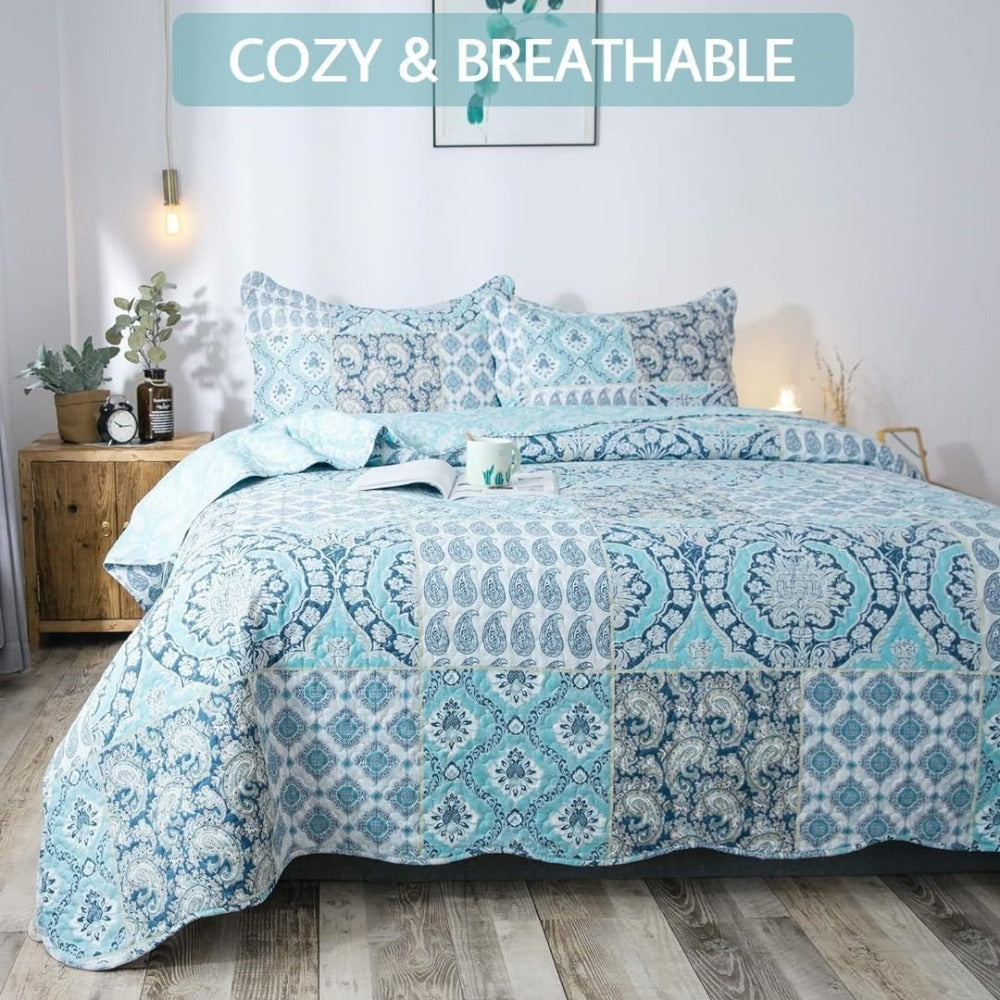 Floral Quilt Set Lightweight Bedspread Coverlet 2 or 3-Piece, All Season Hypoallergenic Breathable Paisley Patchwork Print Quilt for Bedroom Guest Room Dorm RV Cabin, Twin Queen King, Shabby Chic