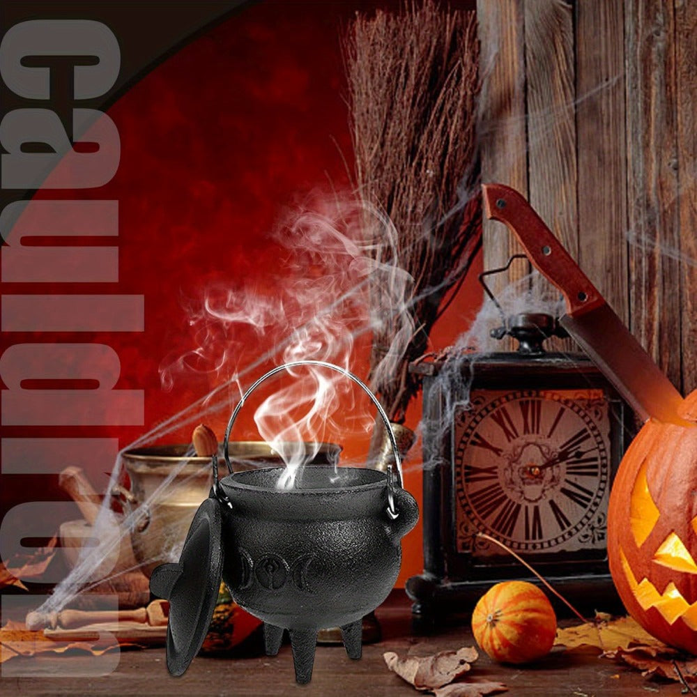 Cast Iron Cauldron with Lid & Handle ¨C Witchcraft Incense Burner, Spell Ritual Pot, Halloween Decor, Pentagram & Triple Moon Styles, Pagan Altar Cauldron