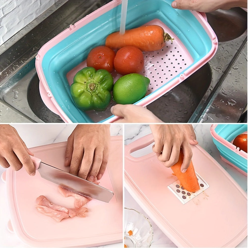 Cutting Board Set 9-in-1 Foldable Chopping Board with Colander Vegetable Wash Basket Drain Basket Kitchen Prep Board Camping BBQ Outdoor Cooking Tool Space Saving Portable Gift