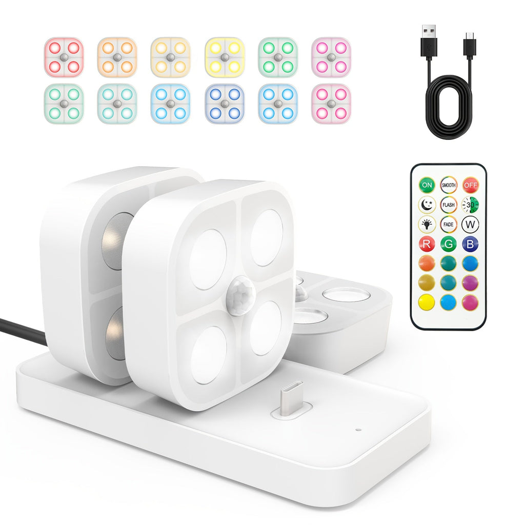 Puck Lights Rechargeable RGB with Charging Station - Motion Sensor Under Cabinet Lighting, Wireless LED Closet Lights with Remote Control, Color Changing Night Light for Hallway Stairway Bathroom Bedroom Kitchen, 3/4/6 Pack