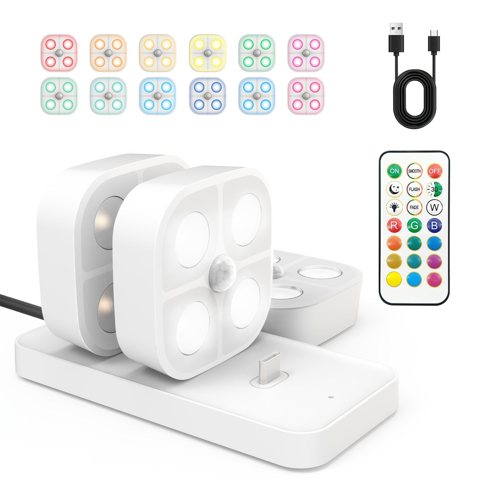 Puck Lights Rechargeable RGB with Charging Station - Motion Sensor Under Cabinet Lighting, Wireless LED Closet Lights with Remote Control, Color Changing Night Light for Hallway Stairway Bathroom Bedroom Kitchen, 3/4/6 Pack