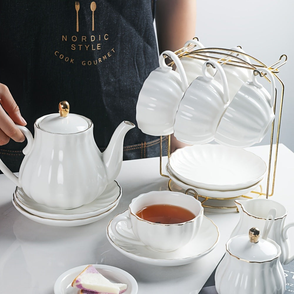 Porcelain Tea Set Service for 6 British Royal Floral Design with Teapot Sugar Bowl Cream Pitcher Teaspoons Tea Strainer 8oz Cups Saucers for High Tea Wedding Party Gift