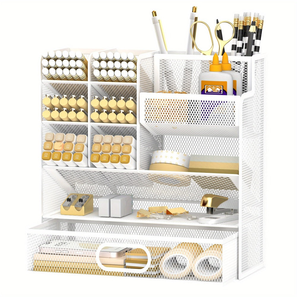 Mesh Desk Organizer with Drawer ¨C Multifunctional Desktop Pen Holder & Office Supply Organizer for Home Office, School & Art Studio ¨C Pencil Cup Caddy with Storage Compartments, Multiple Colors Available