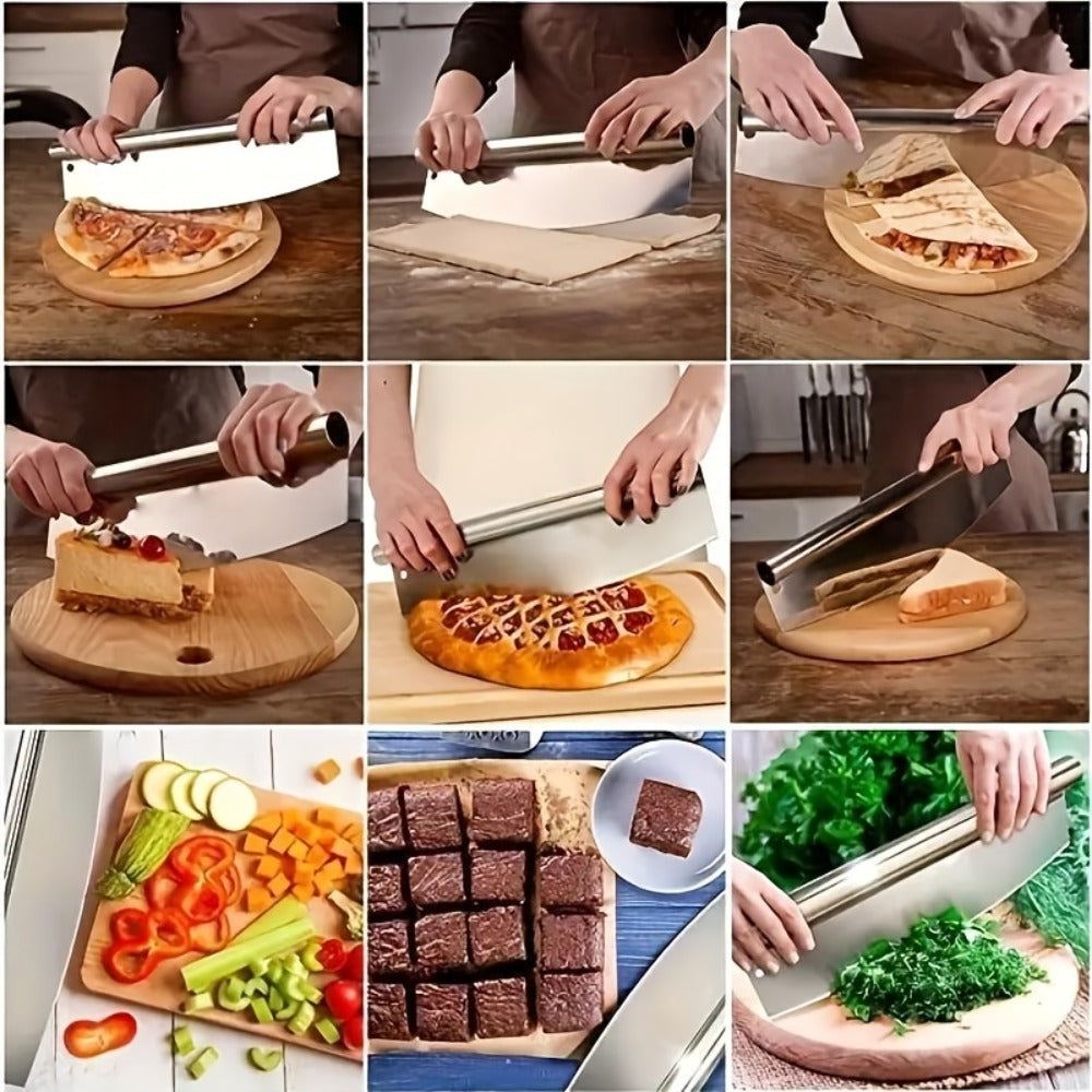 Mezzaluna Rocker Knife Stainless Steel Half Moon Blade with Knife Cover, Rocking Pizza Cutter, Herb Mincer, Cheese Slicer, Cake & Dough Cutter, Versatile Baking & Kitchen Chopper Tool