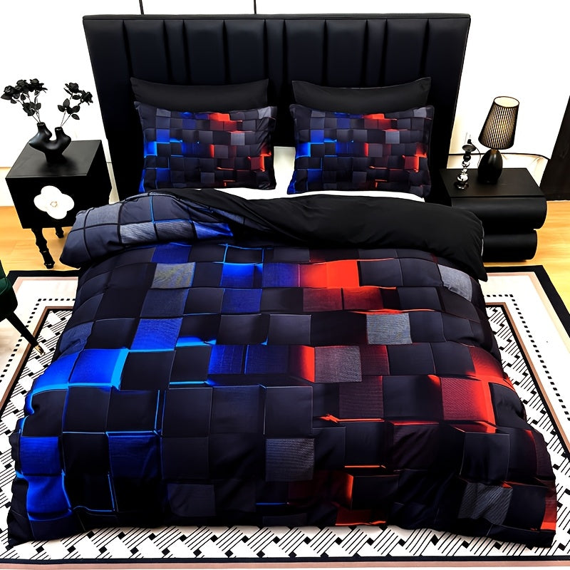 Duvet Cover Set 3 Piece Plaid Digital Print Polyester Bedding All Season Twin Full Queen King Size with Pillowcases Purple Blue Red