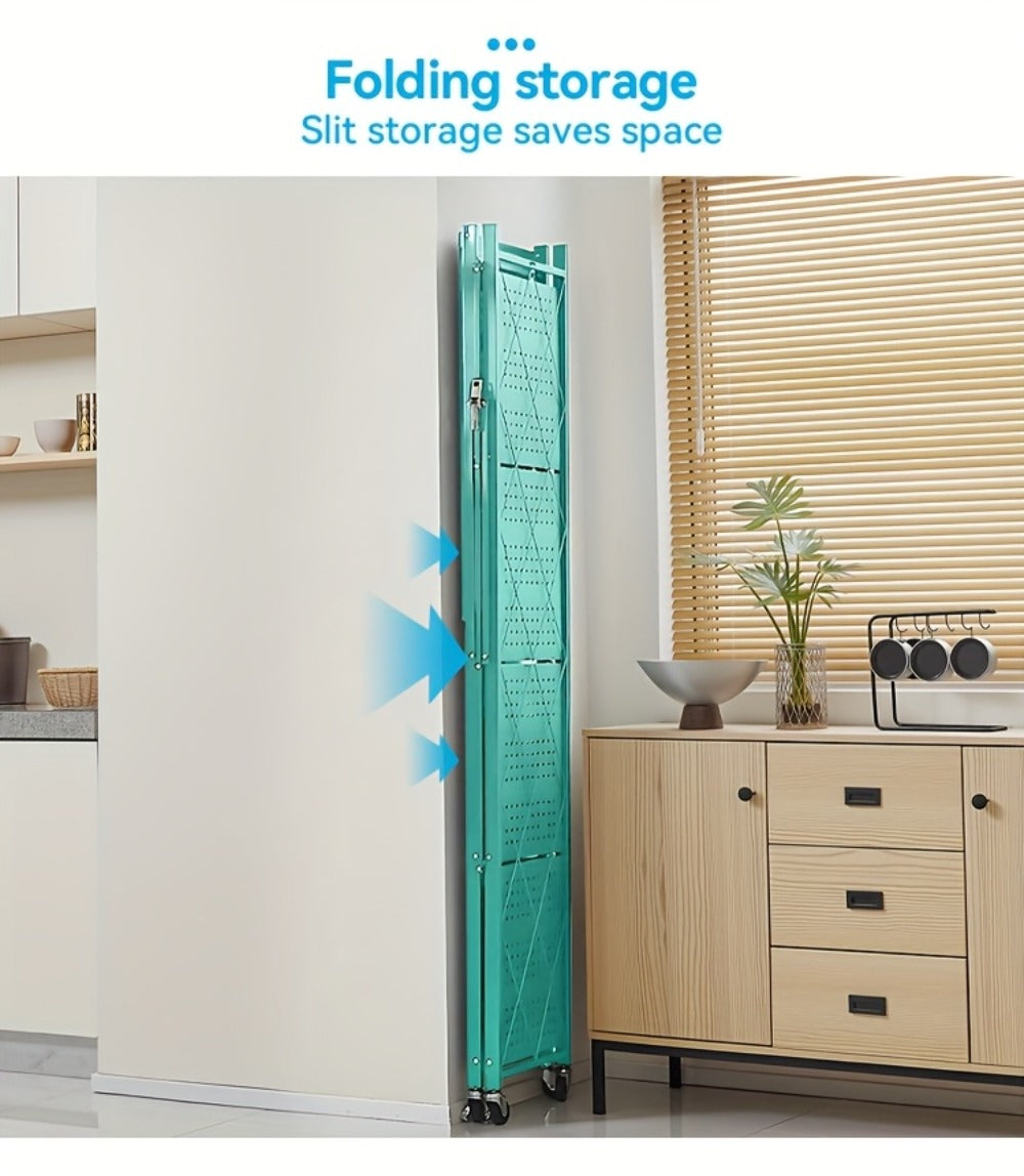 Foldable Storage Rack with Lockable Wheels 3 4 5 Tier Carbon Steel No Assembly Space Saving Floor Standing Shelf for Bedroom Balcony Garden