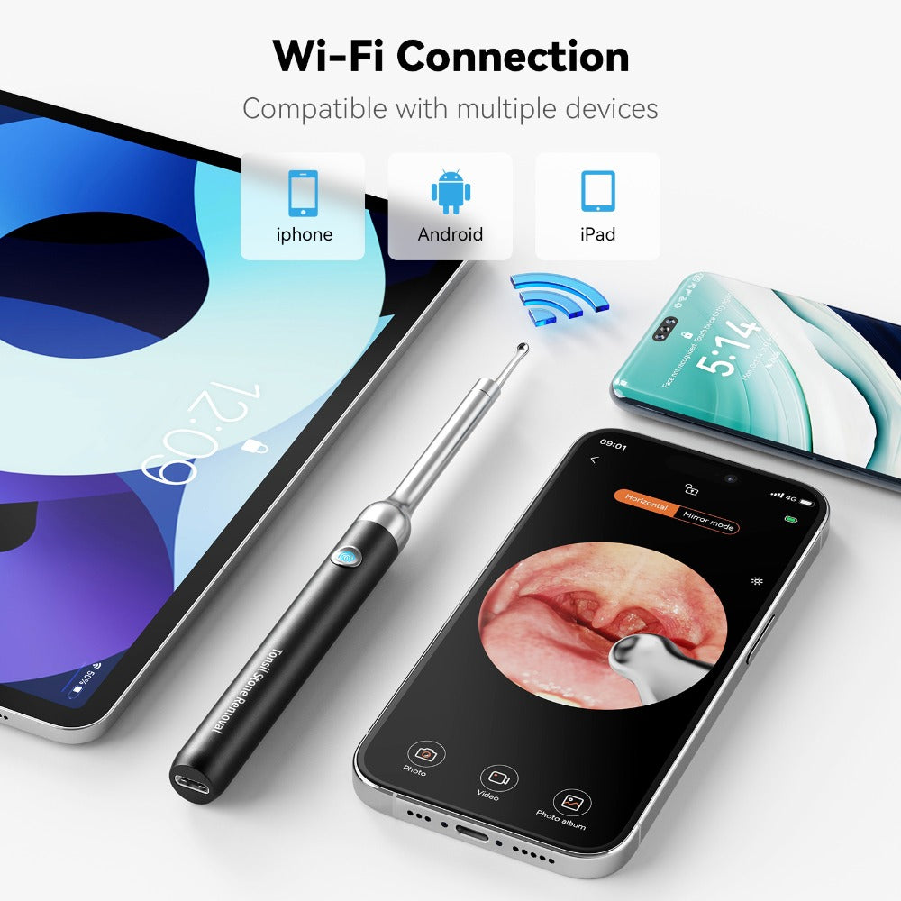 Tonsil Stone Remover with Camera 1080P HD Visual Oral Care Kit - 6 LED Lights, 5 Stainless Steel Tips, Wi-Fi App Control, USB-C Rechargeable Bad Breath Treatment Tool for iOS & Android