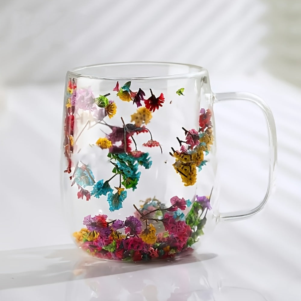 Double Wall Glass Coffee Cups with Handle Set of 4 ¨C Borosilicate Thermal Mugs for Latte Cappuccino Tea | Dried Flower & Petal Design Transparent Drinkware for Office Home Gifts