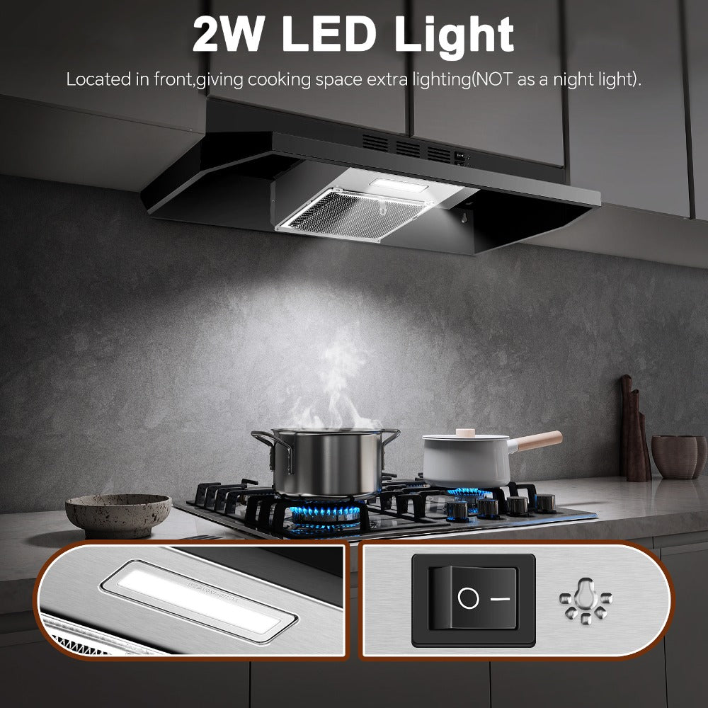 Range Hood 36 Inch Under Cabinet Ducted Ductless Convertible Stainless Steel 350CFM 2-Speed Exhaust Fan LED Light 3-Layer Aluminum Mesh Filter Top Rear Venting Kitchen Vent Hood
