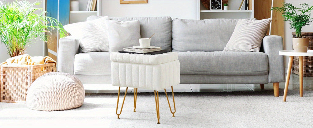Faux Fur Storage Ottoman Stool ¨C Soft Furry Vanity Seat with Storage, 4 Metal Legs & Non-Slip Feet ¨C Cute Modern Multi-Function Chair for Bedroom, Vanity & Living Room