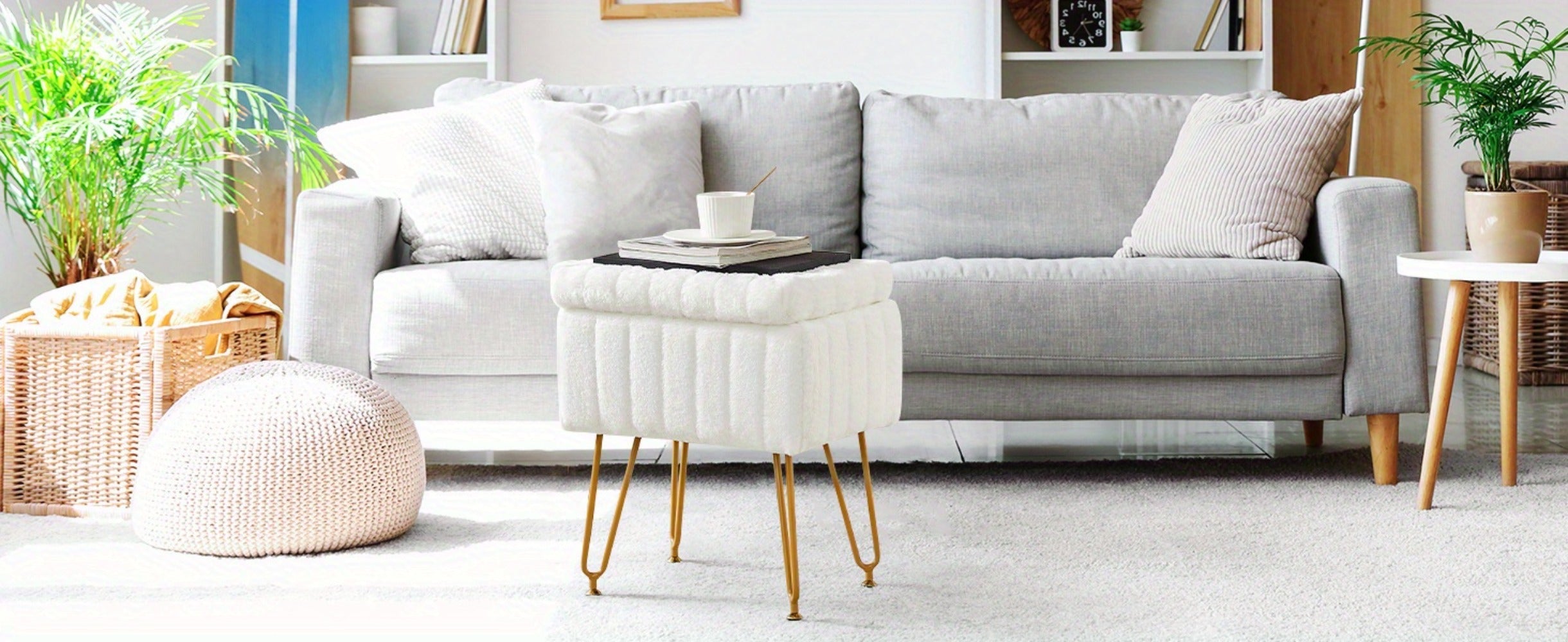 Faux Fur Storage Ottoman Stool ¨C Soft Furry Vanity Seat with Storage, 4 Metal Legs & Non-Slip Feet ¨C Cute Modern Multi-Function Chair for Bedroom, Vanity & Living Room