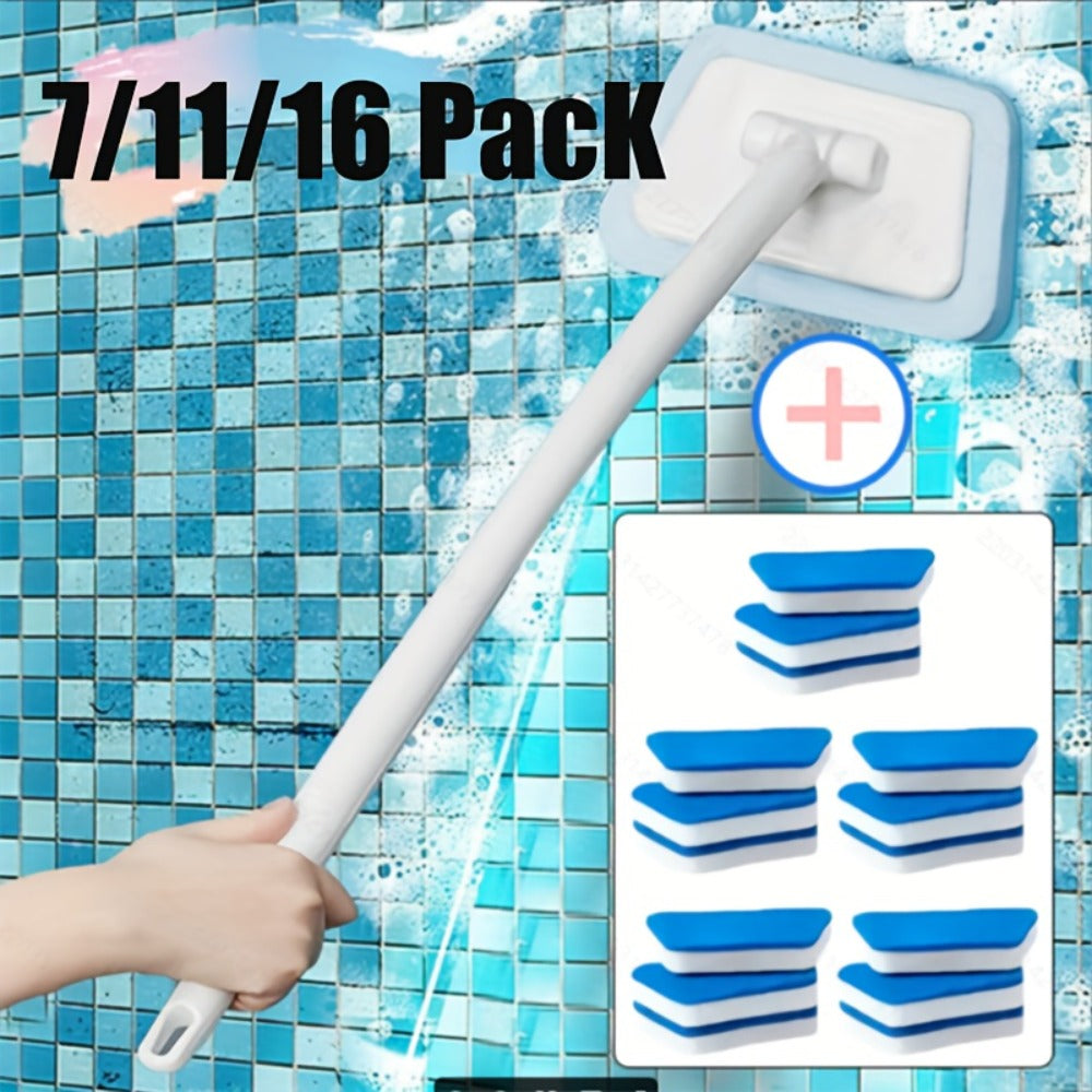 Long Handle Sponge Brush Set with Replaceable Heads for Kitchen Bathroom Tile Bathtub Cleaning ¨C 1 Handle + 6/10/15 Brush Heads, Thickened Durable Scrubber