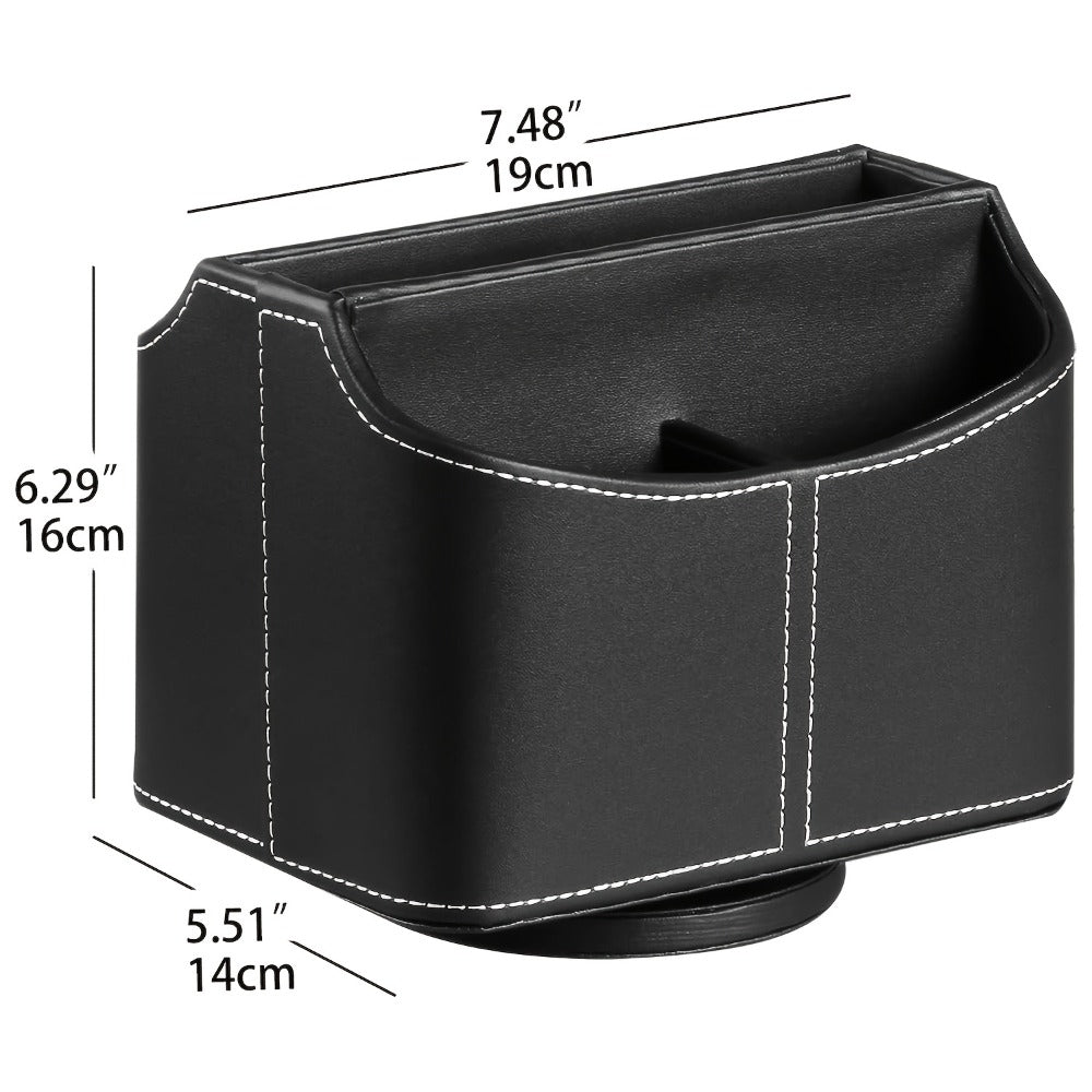 360¡ã Swivel Remote Control Holder with 5 Compartments ¨C PU Leather Desktop Organizer Caddy for TV Remotes, Phones, Glasses, Cosmetics & Stationery, Rotating Storage Box for Home Office Nightstand