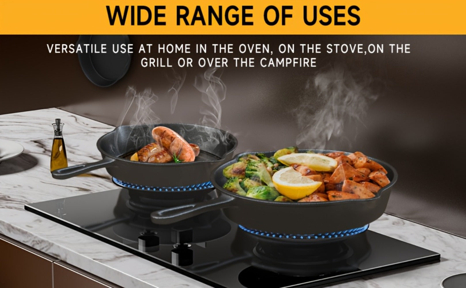 Cast Iron Skillet Set 3pcs - Non-Stick with Drip Spout, Pre-Seasoned Cookware for Holiday Cooking RV Campfire Outdoor Grilling, Heavy Duty Kitchen Frying Pan Set