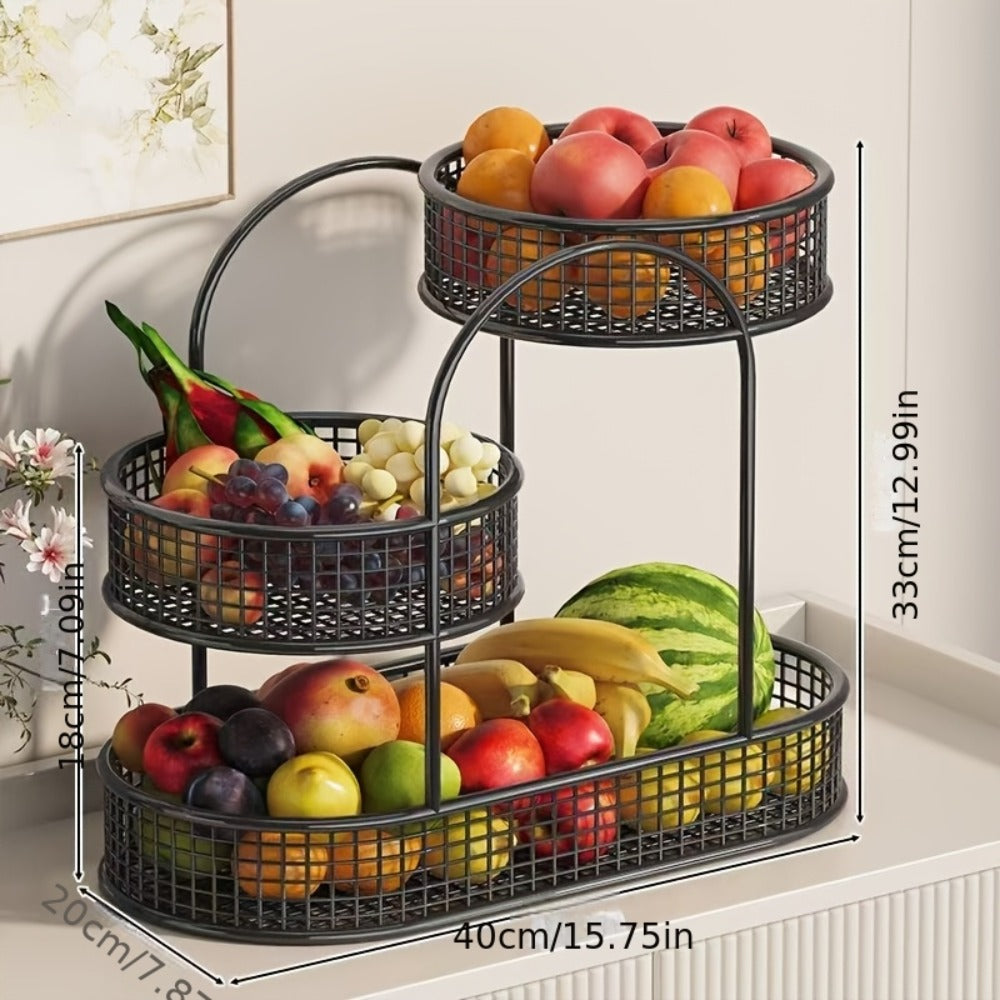3-Tier Metal Fruit Basket Stand Extra Large Heavy Duty Countertop Fruit Bowl with Grid Design, Breathable Ventilated Multi-Level Storage Rack for Fruits Vegetables Bread Kitchen Organization