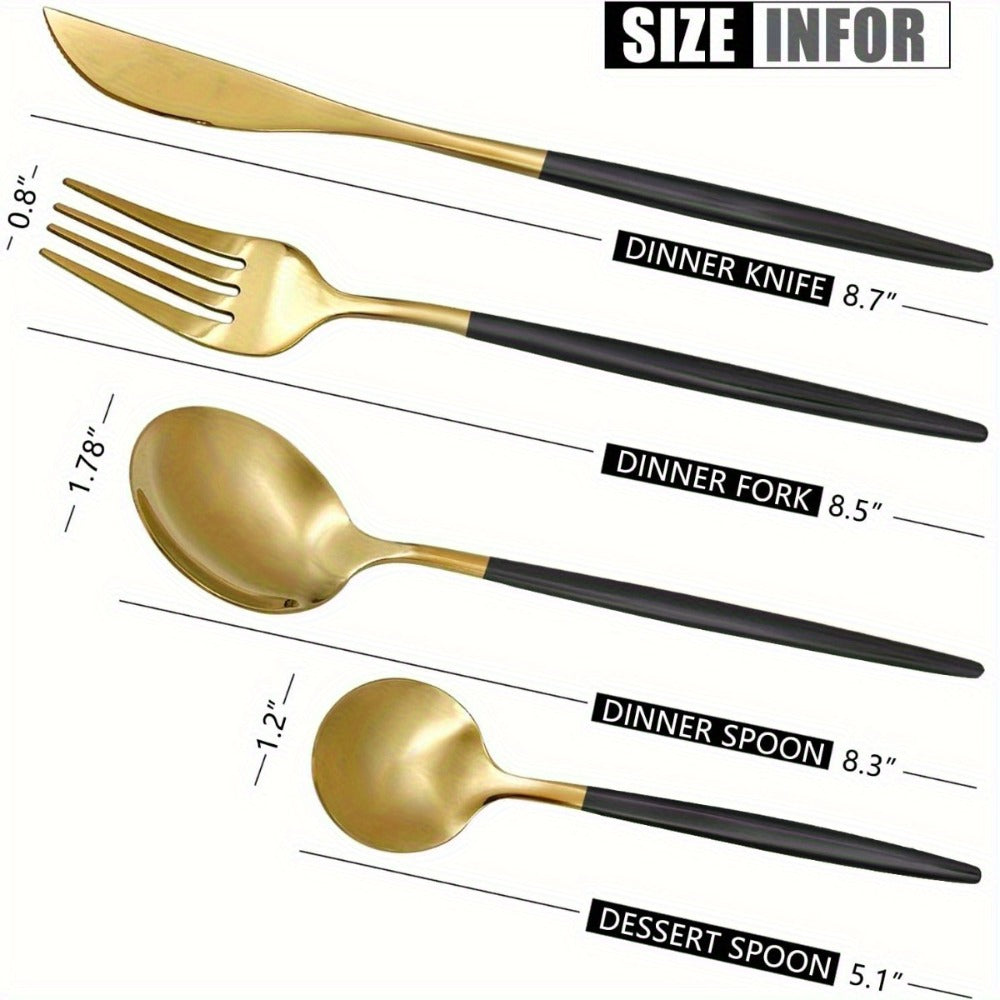 Flatware Set 24 Piece Black Gold Stainless Steel Silverware for 6 Matte Black Handle Forks Knives Spoons Cutlery Tableware Dinner Set