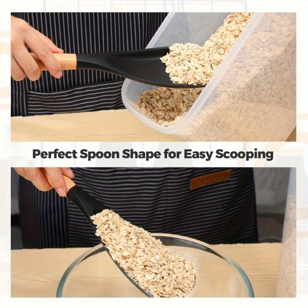 Silicone Cooking Spoon with Wooden Handle 12 Inch - Heat Resistant Nonstick Safe Kitchen Spoon for Cooking Serving Mixing Scraping, BPA Free Silicone Utensil, Black, 2 or 4 Pack