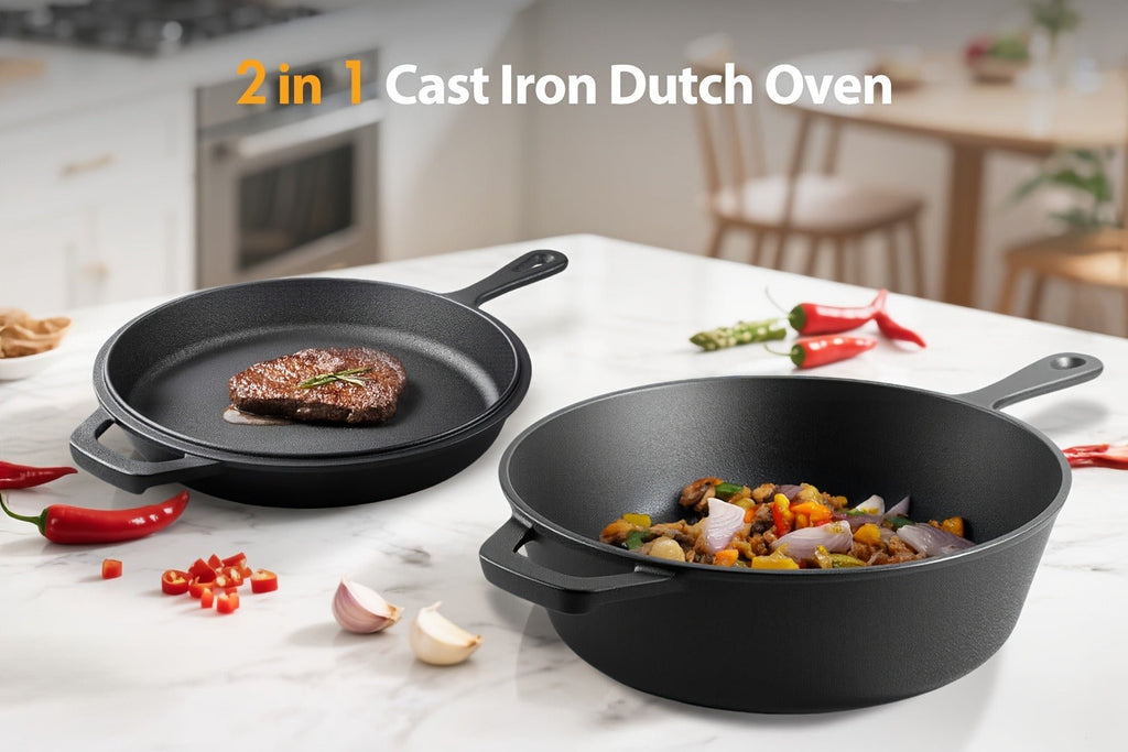 Cast Iron Dutch Oven & Frying Pan Set ¨C Pre-Seasoned 2-in-1 Cookware, Deep Pan + Skillet for Stovetop, Induction, Oven, BBQ & Outdoor Cooking, Multi-Purpose Pots and Pans Set