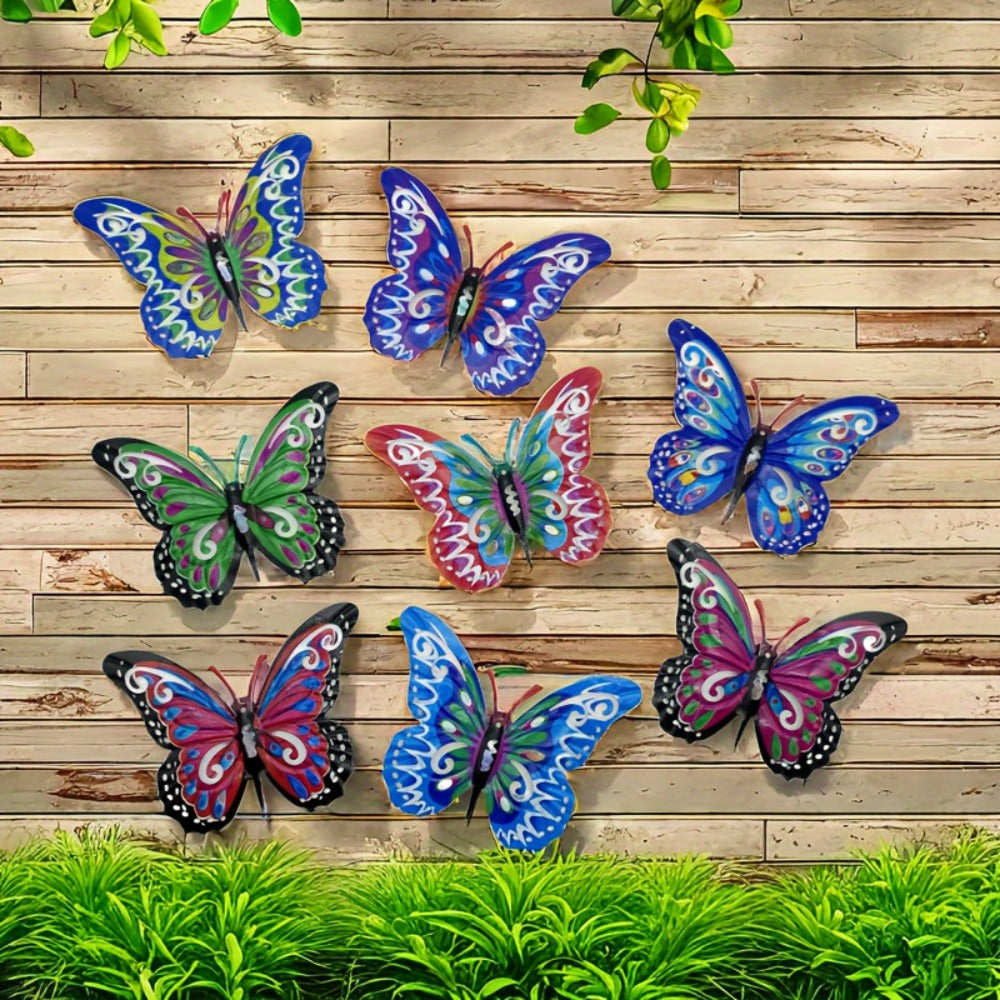 Metal Butterfly Wall Decor Set of 8 Colorful 3D Butterfly Garden Decorations for Fence Patio Courtyard Outdoor Wall Art Indoor Home Decor All Season Holiday Gift for Mom Dad