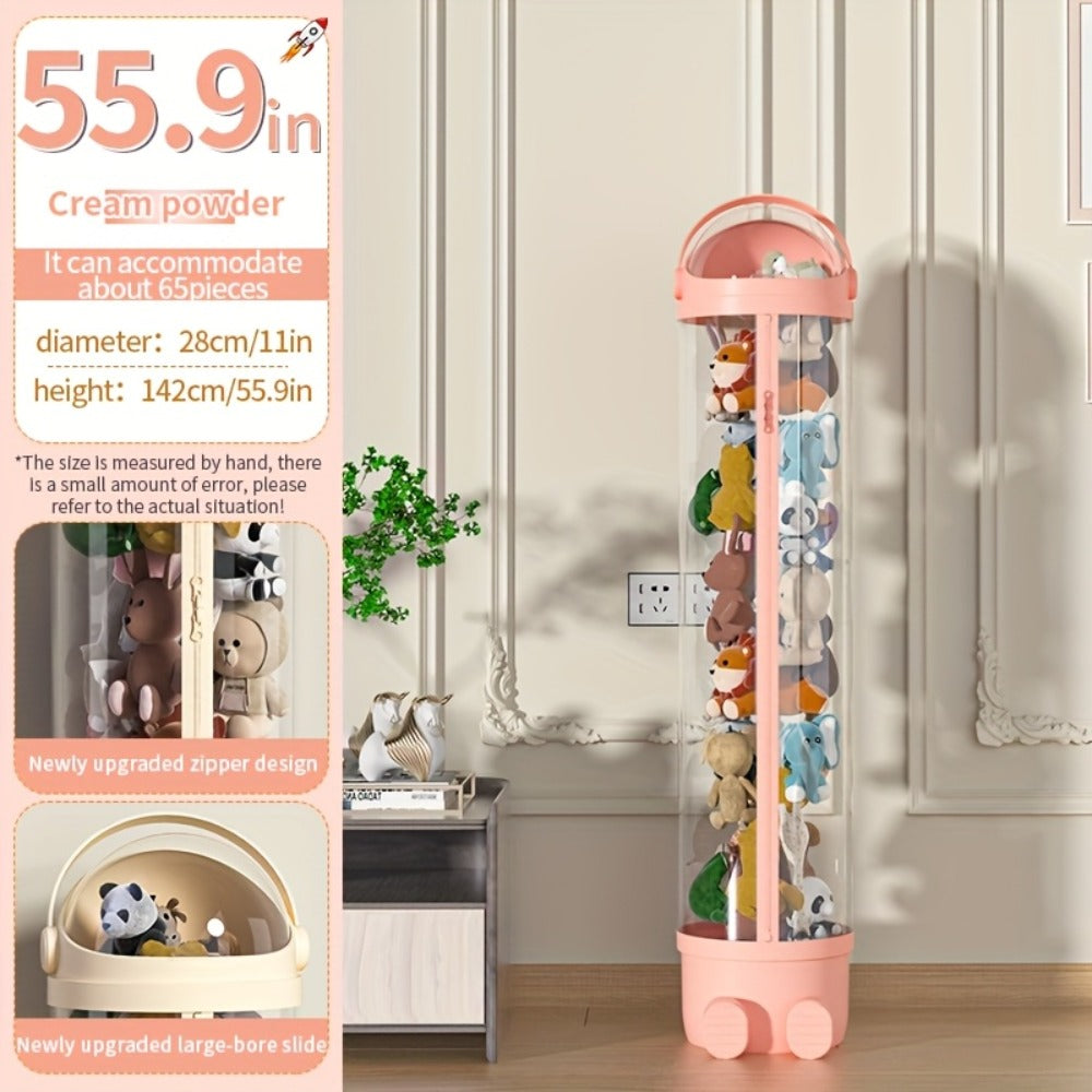 Stuffed Animal Storage Bin Transparent Cylindrical with Zipper ¨C Large Plush Toy Organizer for Kids Bedroom Living Room ¨C Clear Doll Storage Bag Easy Assembly