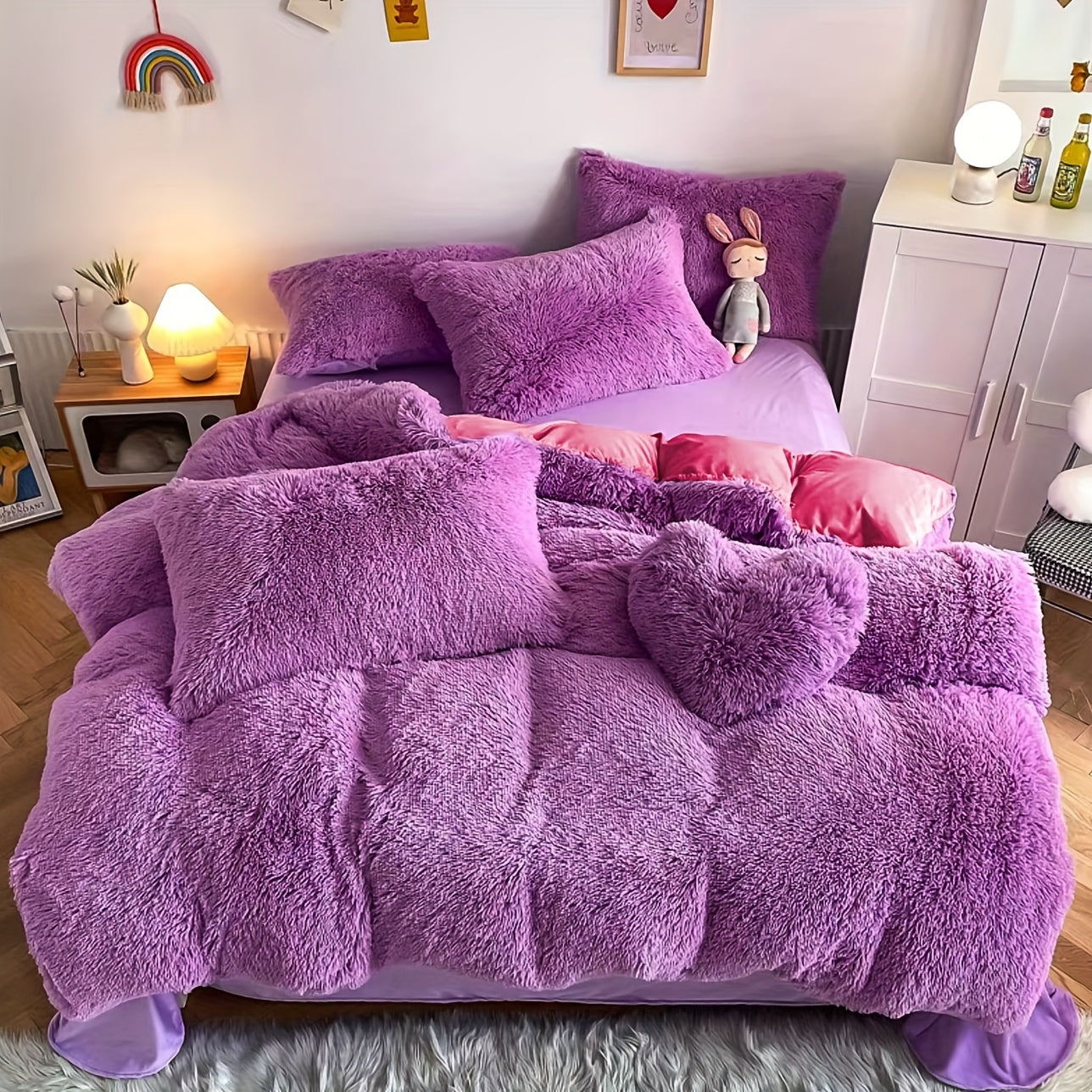Faux Fur Duvet Cover Set Twin Queen King Super Soft Plush Comforter Cover with Pillowcases Heart Pillow for Kids Teens Machine Washable Bedroom Decor