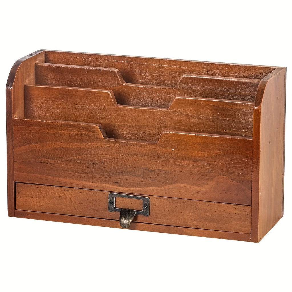 Wooden Desktop File Organizer with Drawer ¨C Multi-Compartment Document Storage Rack for Office, Home & Study ¨C Desk File Folder Holder with Sundries Organizer Shelf for Papers, Books & Supplies