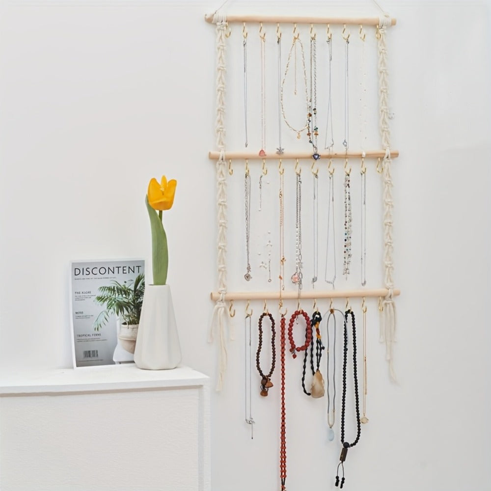 Boho Jewelry Organizer Wall Mount Hanging Rack Hand Woven Tassel Necklace Earring Bracelet Holder 30 Hooks Bedroom Decor Display Stand