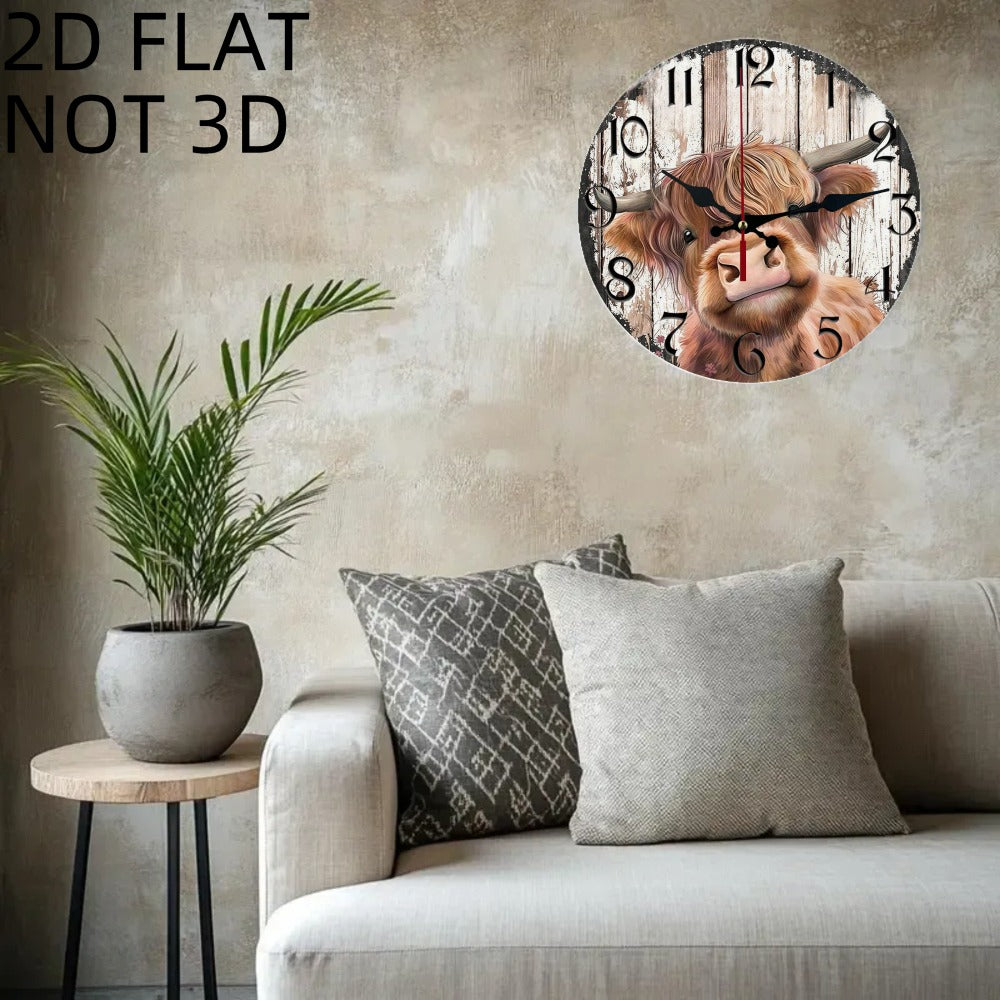 Wooden Wall Clock 10 Inch ¨C Silent Non-Ticking Round Wood Clock with Cute Cow Face Design, Farmhouse Rustic Decor for Living Room, Bedroom, Kitchen & Office, Unique Animal Art Wall Decor Gift