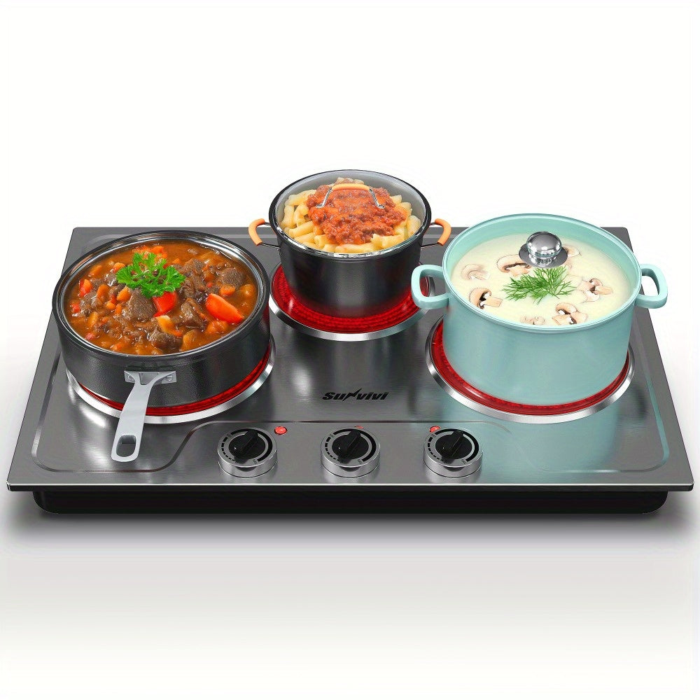 Portable Electric Cooktop Triple Burner 1800W ¨C Royalcraft Countertop Electric Stove with Knob Control, Indicator Light, Compatible with All Cookware, Silver