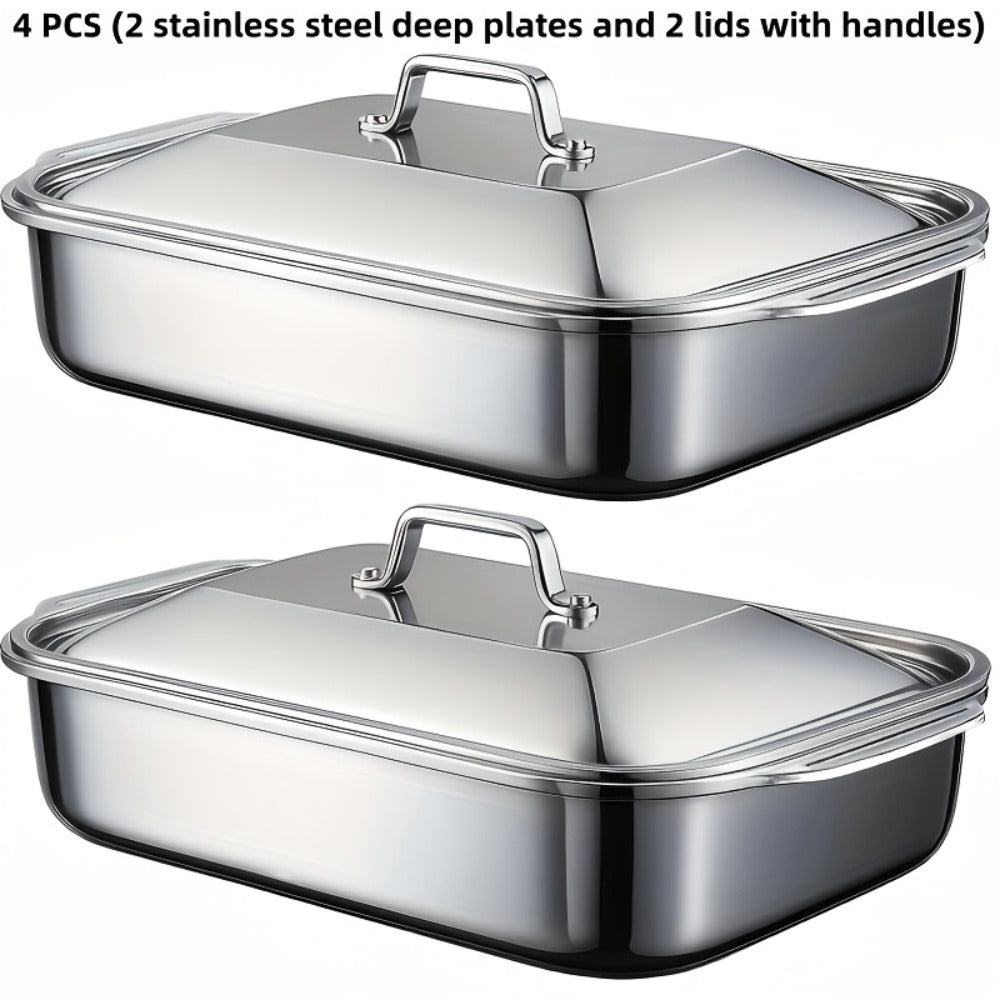 Stainless Steel Deep Baking Tray with Lid 4-Piece Set, 1.59 Gallon Rectangular Roasting Pan with Handle Lids, 16-Inch Dishwasher Safe Deep Tray for Fish BBQ Spaghetti, 2 Trays + 2 Lids