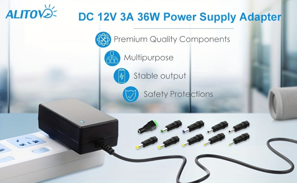 12V 3A DC Power Adapter 36W with 10 Interchangeable Tips - Universal AC 100-240V Input, Short Circuit & Overvoltage Protection, Stable Output for CCTV Camera, LED Strip, Router, TV Box & More