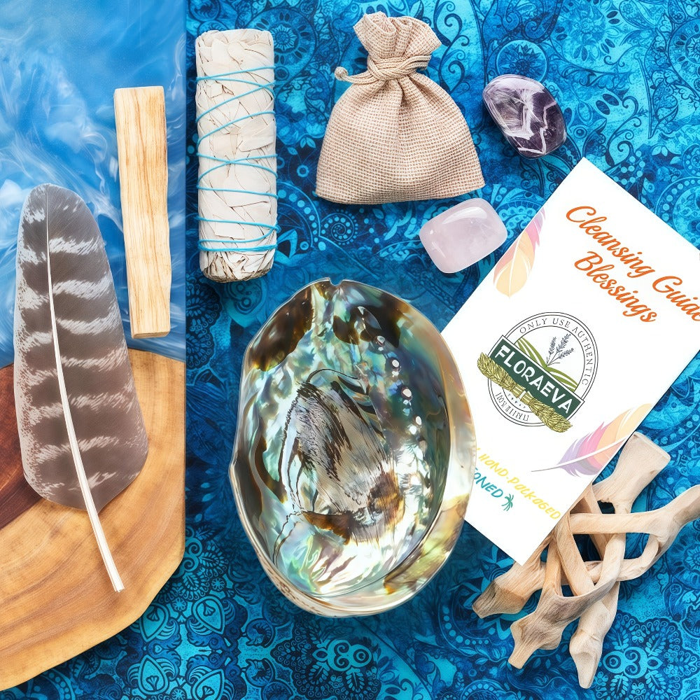 White Sage Cleansing Kit Smudge Set with Abalone Shell Holy Wood Incense Feathers Crystal Stone - Sage Sticks for Protection Positive Energy Home Office Decor Holiday Gift
