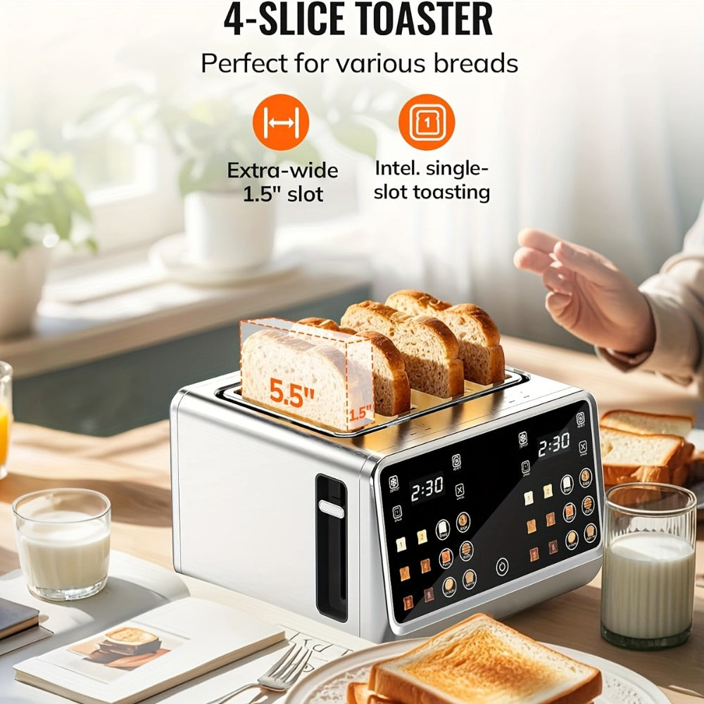 4-Slice Digital Smart Toaster with Touchscreen | Dual Control Panel, Single Slot Toasting, Timer, Reheat & Defrost Functions for Bagels, Bread & Waffles ¨C Stainless Steel Kitchen Essential