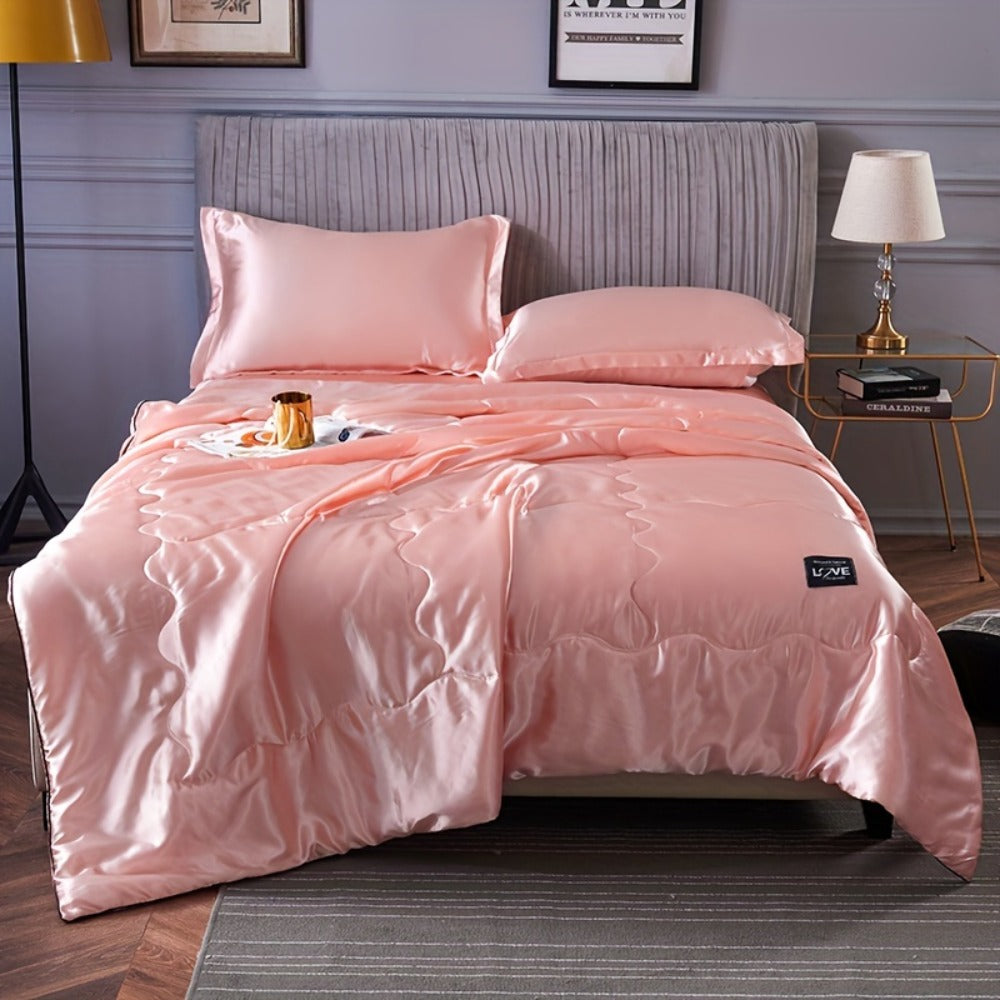Cooling Satin Quilt Summer Comforter Ultra-Soft Breathable Lightweight Blanket, Machine Washable Satin Weave Bedspread for Home Dorm Hotel, Twin Full Size, White Silvery Grey Pink Lake Blue