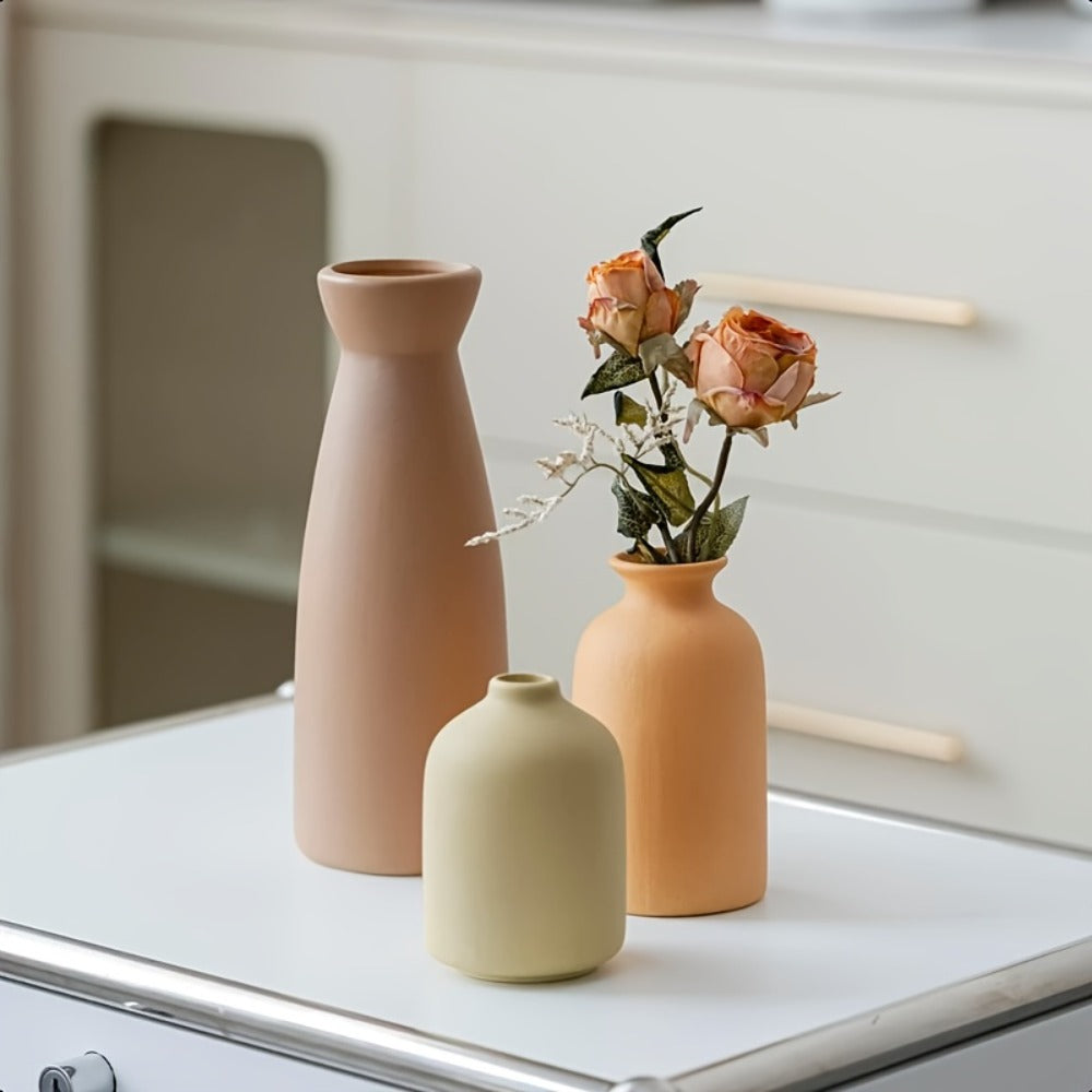 Boho Ceramic Vase Set 3pcs - Matte Nordic Minimalist Geometric Floral Design for Home Decor, Living Room, Entryway, Bookshelf & Bathroom Vanity, Modern Bohemian Decorative Vases, Holiday Gift
