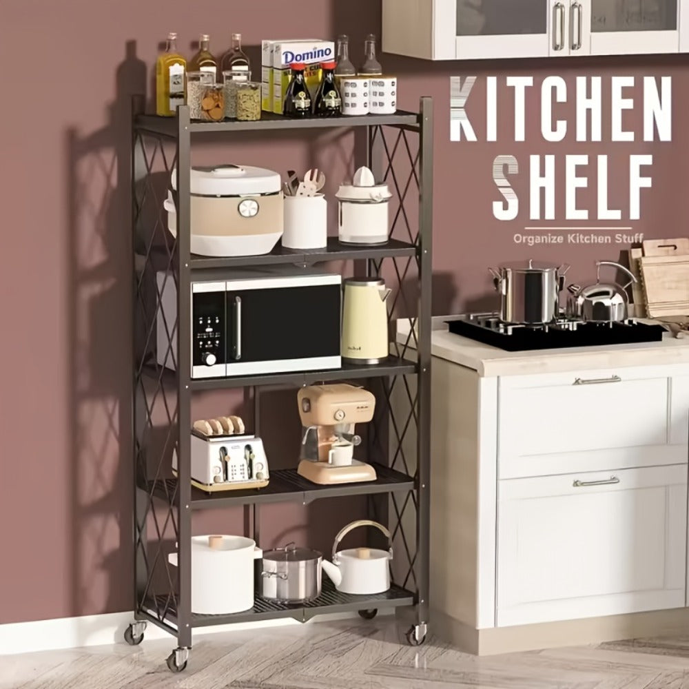 Rolling Storage Rack with Wheels 3 4 5 Tier Folding Shelving Unit No Assembly Required, Freestanding Metal Shelf Organizer for Kitchen Living Room Garage Office Basement, Black White