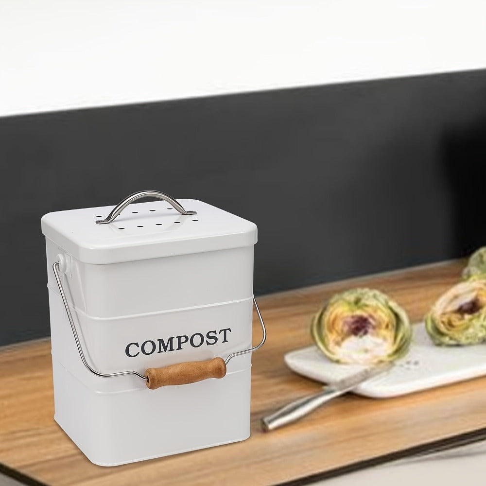 Kitchen Compost Bin 1 Gallon with Charcoal Filter & Wooden Handle, Odor-Free Indoor Countertop Food Waste Bin, Metal Compost Bucket for Home Kitchen, Available in Black, White, Gray, Green