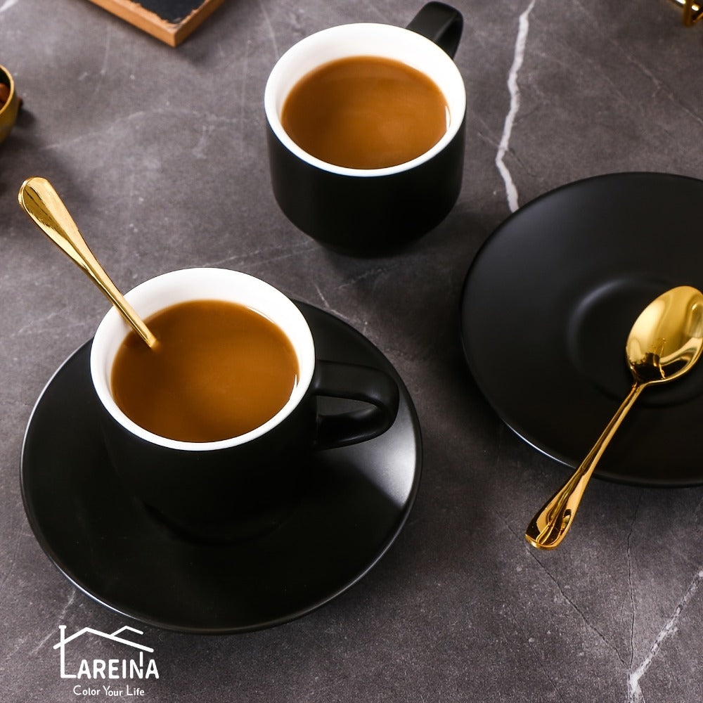 Espresso Cups Set of 6 with Saucers, Spoons & Metal Stand, 4oz Stackable Ceramic Cappuccino Mugs for Double Espresso, Lungo & Afternoon Tea ¨C Matte Black & Matte White