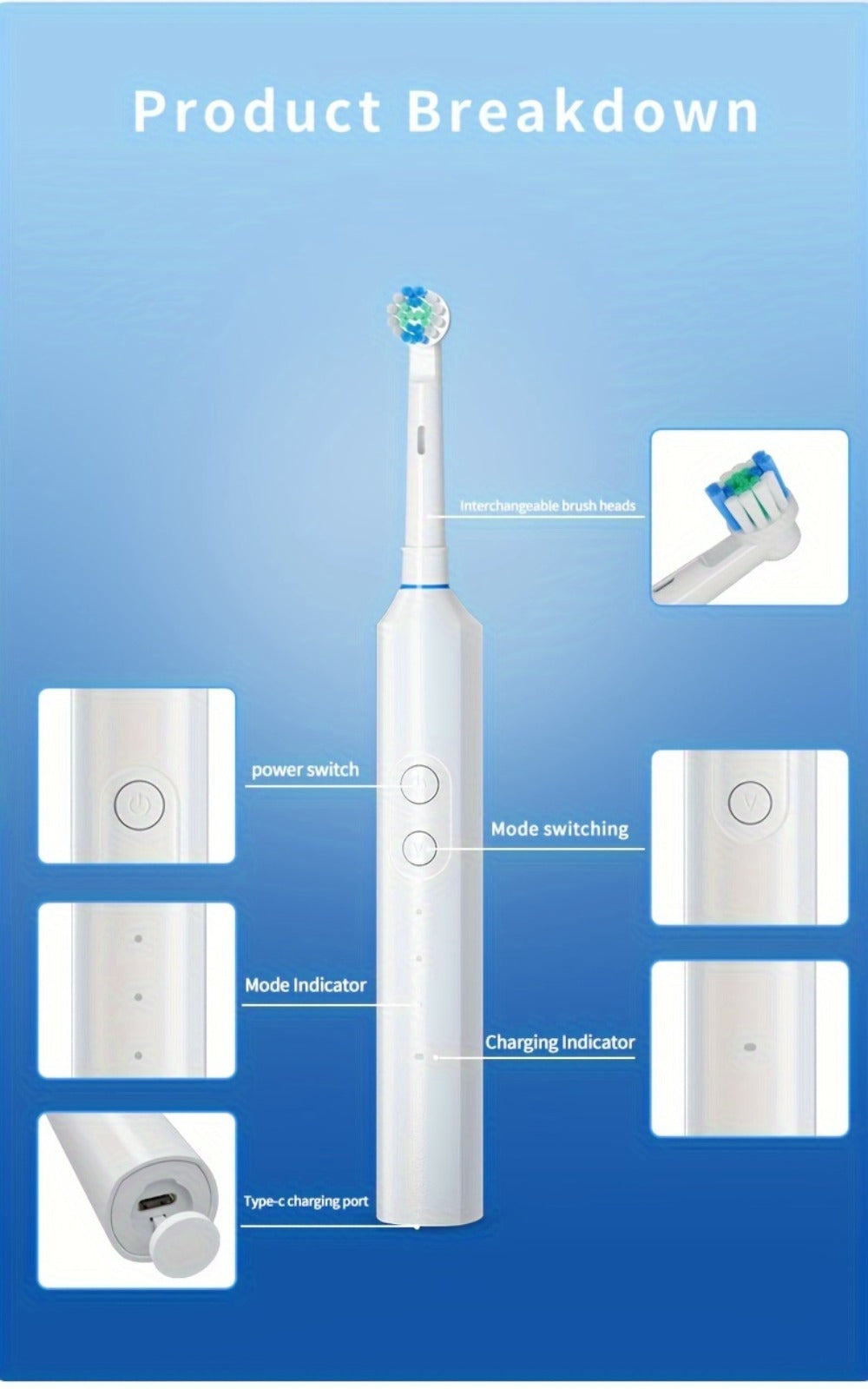 Electric Toothbrush Rechargeable 4 Brush Heads 3 Cleaning Modes Smart Timer IPX7 Waterproof USB Quick Charge 600mAh Round Head Adult Electric Toothbrush Blue