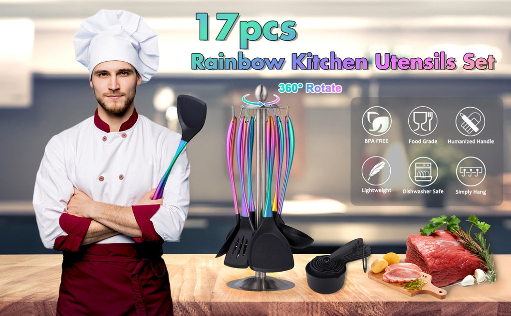 Silicone Cooking Utensils Set 17 Piece Rainbow Titanium with Rotating Holder - Heat Resistant Non-Stick Spatulas, Ladle, Skimmer, Turner & Measuring Cups and Spoons with Stainless Steel Handles