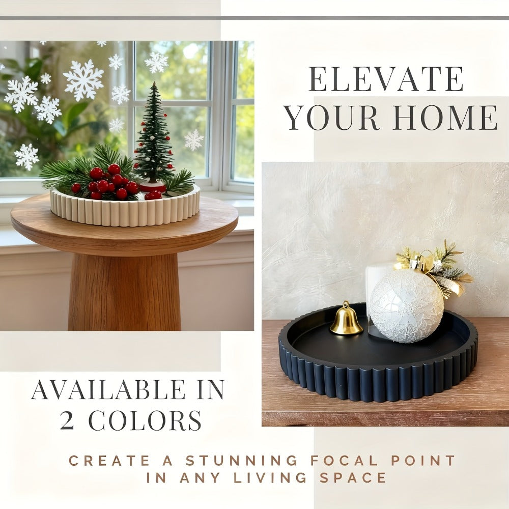 Wood Decorative Tray for Coffee Table 11 Inch Round Boho Serving Tray Wooden Centerpiece for Living Room Ottoman Console Table Jewelry Organizer Accent Decor Tabletop Storage Tray White Black