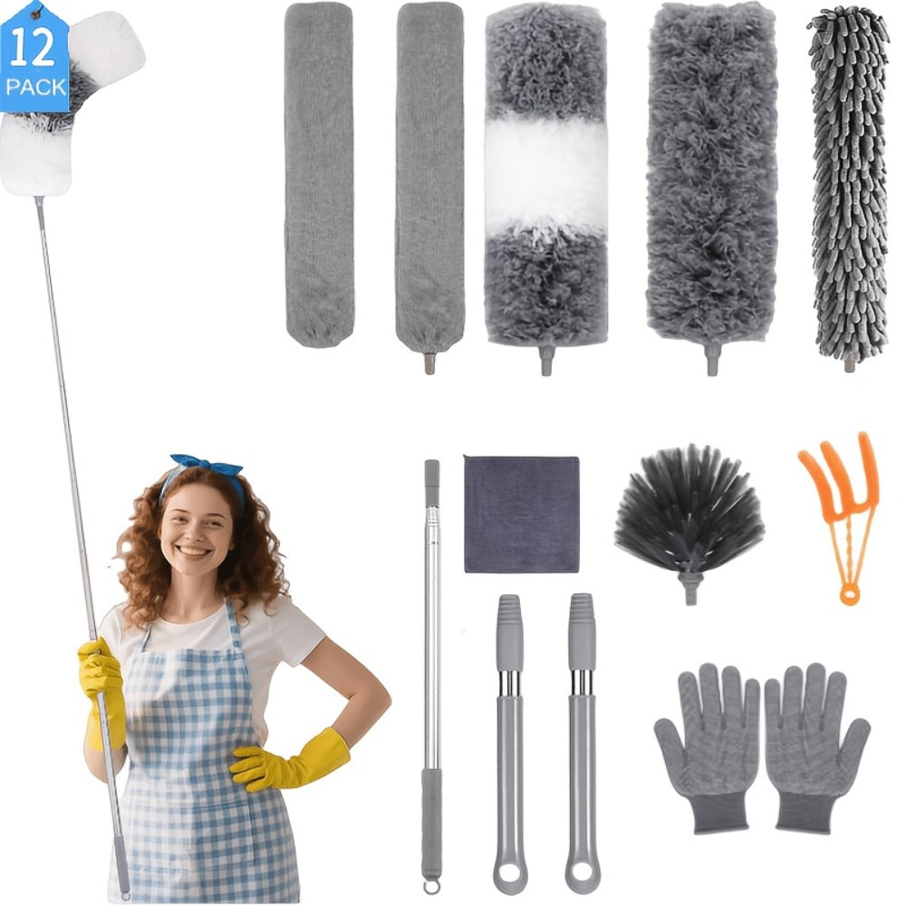 Microfiber Duster Kit with 100 Inch Extension Pole Extendable Bendable Washable Feather Duster for High Ceiling Fan Cobweb Blinds Furniture Car 9 Pack 12 Pack