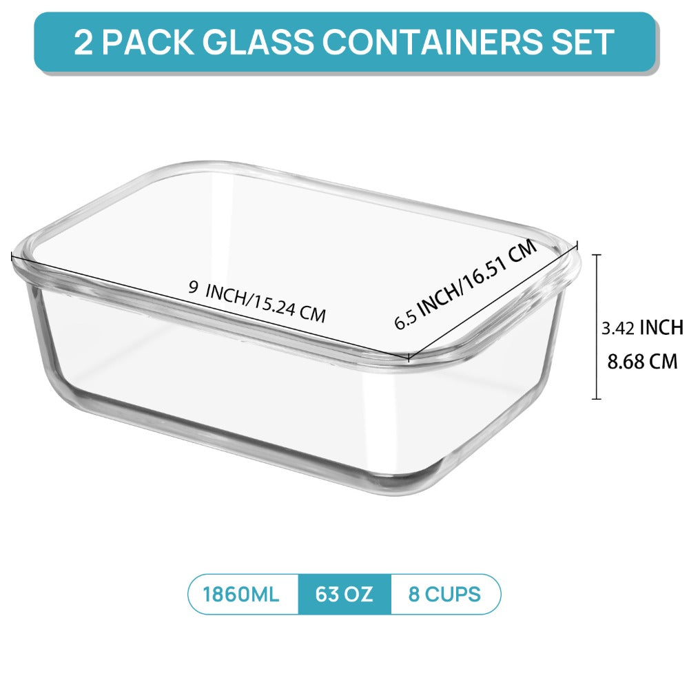 Large Glass Food Storage Containers with Lids 2 Pack ¨C 63oz Borosilicate Glass Meal Prep Containers, Airtight Snap Lids, Oven Microwave Freezer Dishwasher Safe, Leak-Proof Baking Dish Set