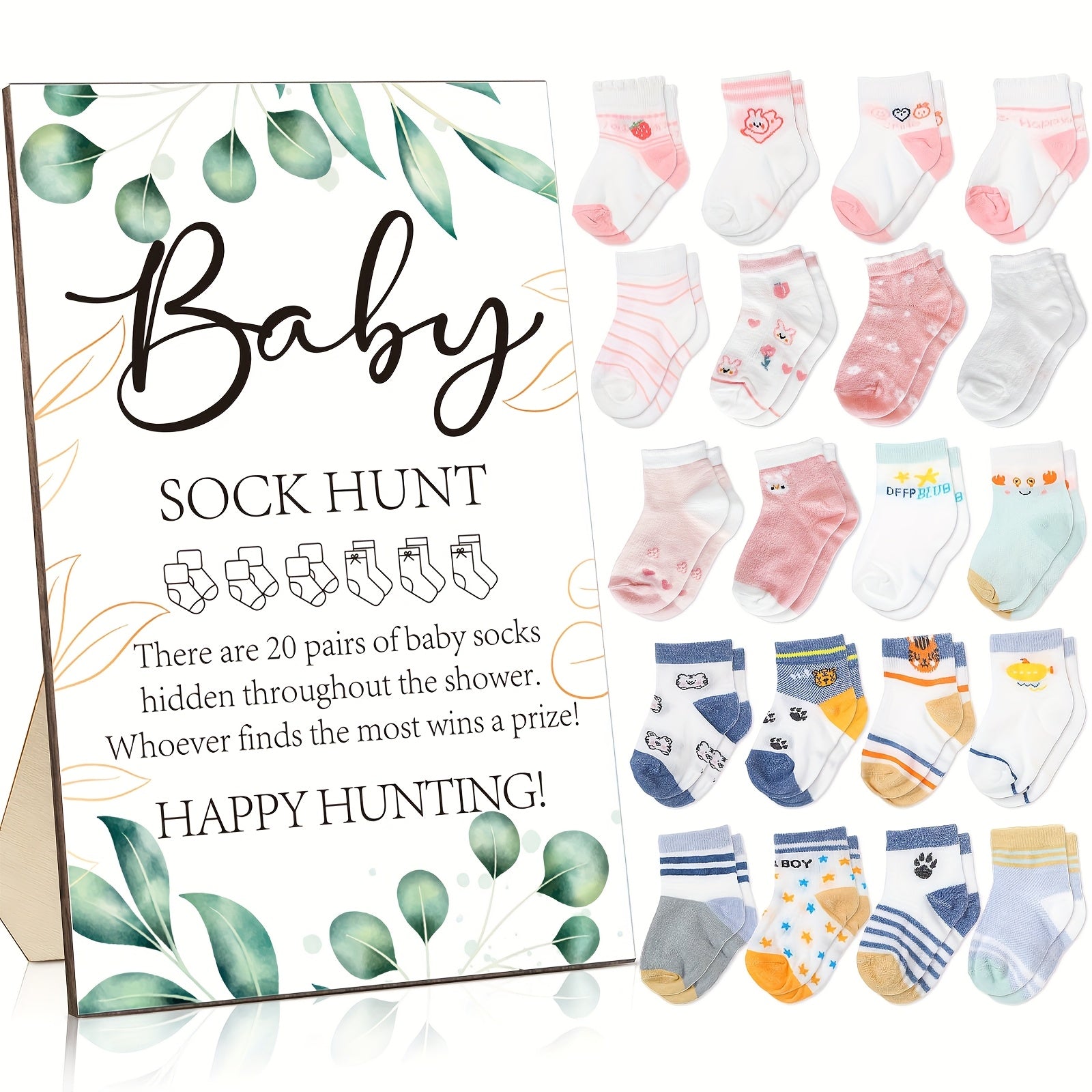 Baby Shower Sock Hunt Game Set 20 Pairs Cotton Socks with Wooden Table Sign Gender Reveal Party Favor