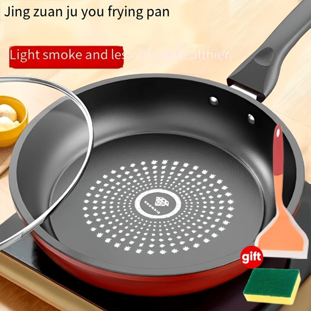 Nonstick Frying Pan with Lid 9.45 10.24 11.02 Inch Cast Iron Style Flat Bottom Skillet Stainless Steel Handle Smoke-Free Lightweight Cookware for All Stovetops Fried Eggs Steak Pancakes