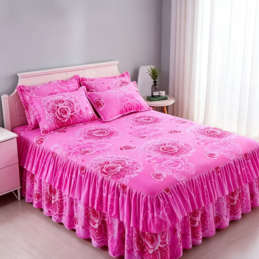 Floral Bed Skirt Set 3 Piece Tropical Print Ruffle Bed Skirt with 2 Pillowcases All-Season Polyester Machine Washable Bedroom Bedding Set Pink Purple Blue Peony Rose 150x200 180x200 200x220