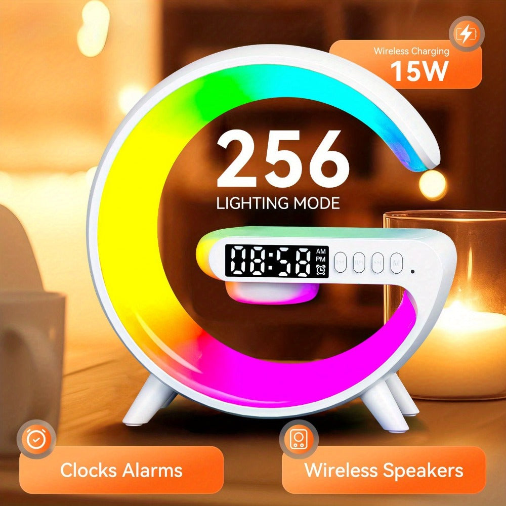 Wireless Charger with RGB Night Light ¨C 4-in-1 Bluetooth Speaker Alarm Clock Wake Up Light, 256 RGB Colors, Qi Fast Charging for iPhone Samsung, Bedside Nightstand Lamp